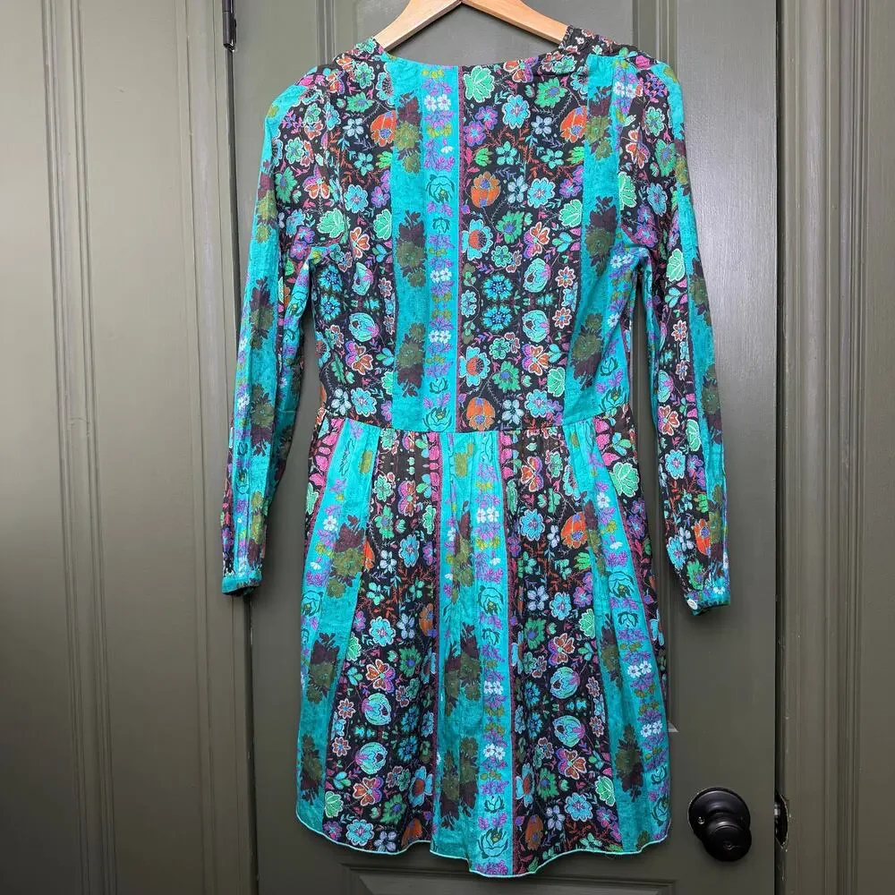 NWT Ro's Garden Jerez Long Sleeve Floral Mini Boho Dress Yeshi Aqua Teal XS - Picture 4 of 5